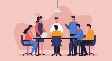 Diverse business team collaborating in an office meeting. Illustrates teamwork, communication, and modern workplace productivity.