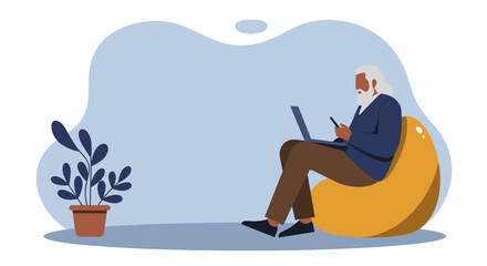Bearded senior man comfortably uses his laptop and smartphone, embodying remote work, digital literacy, and modern online engagement from home.