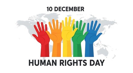 Human rights day on december 10th with colorful raised hands and world map