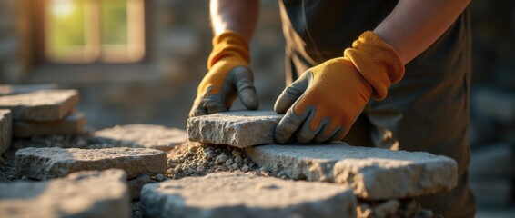Gloved hands set a rugged stone onto a tight masonry course