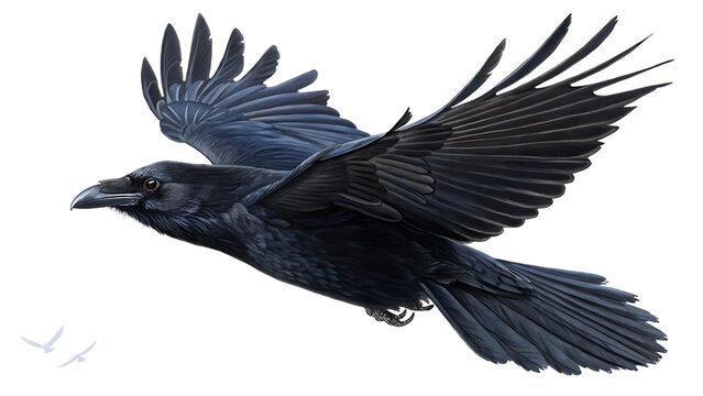 A detailed illustration of a black raven soaring through the air with its wings fully extended