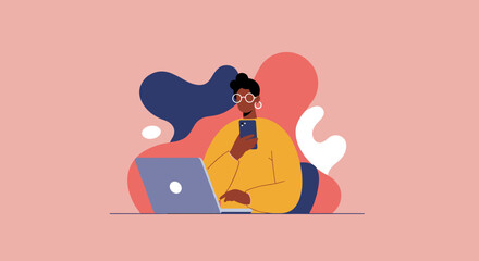 A focused person multitasking, working on a laptop while using a smartphone. Represents remote work, online communication, and modern digital lifestyle.