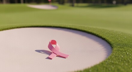 Pink Ribbon on Golf Course Sand Trap: Awareness Symbol for Breast Cancer Support