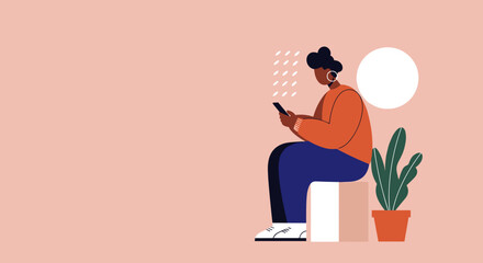 Graphic illustration of a person using a smartphone, embodying concepts of digital communication, social media, online networking, and modern lifestyle.