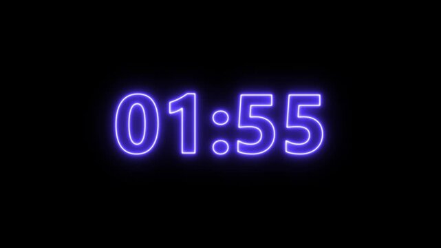 Neon two Minute Digital Timer. Timer countdown animation.2 minutes Digital Negative Countdown. seconds on transparent background 120 to 0 second countdown timer, Countdown video with alpha channel. 4k