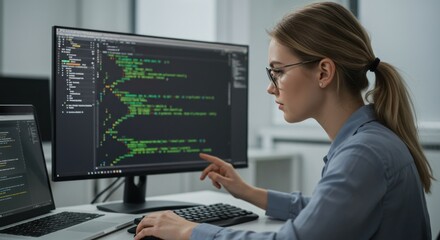 Woman focused on computer screen with code