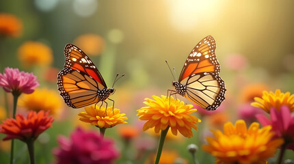 Obraz premium Two monarch butterflies on vibrant yellow flowers with colorful background in sunlight. Serene and colorful.