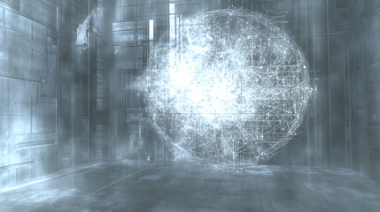 Glowing Spherical Network in Futuristic Room