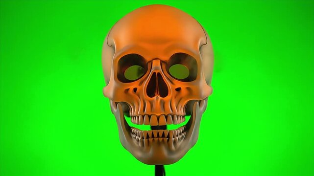 Spooky orange skull mask with wide grin against a vibrant green backdrop