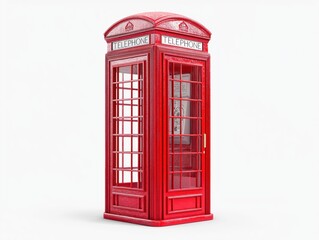 Iconic red British telephone box standing proudly against a clean white backdrop, a timeless symbol of communication.