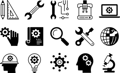 Fototapeta premium Engineering & Technology Tools Vector Graphic Bundle – Gear, Wrench, Tech Icons