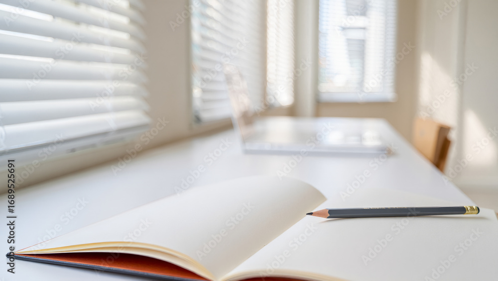 Poster open notebook and pencil on a white desk with blinds and window in background