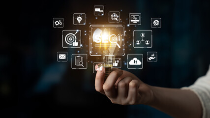 SEO concept for improving SEO visibility, with SEO related digital tools and SEO performance icons shown in an focused layout for strategic marketing. Spline