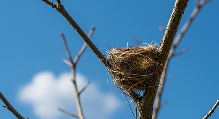 Title: Empty Bird's Nest in a Tree Against Blue Sky