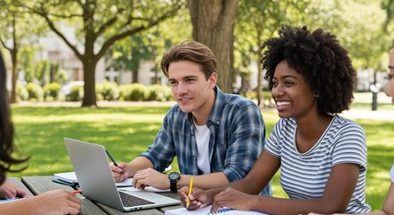 A diverse group of happy young students is studying together outdoors on campus, collaborating with a laptop and notebooks. - Powered by Adobe