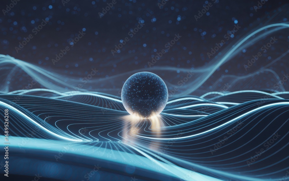 Aufkleber abstract glowing sphere on a futuristic digital landscape with flowing lines and particles, represen