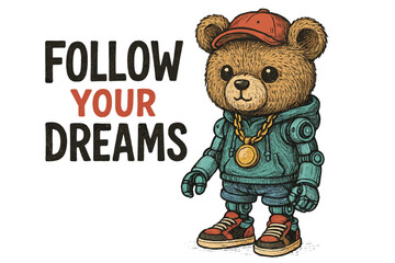 Creative robot bear character encouraging positivity in a vibrant urban setting with an inspiring message