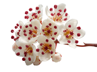 Close-up of a cluster of delicate, creamy-white flowers with deep red centers.  Each flower has multiple petals and numerous small, red dots near the pistil. A branch of the plant is visible