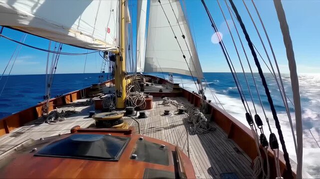Sailing Adventure: Majestic Tall Ship Gliding Across the Azure Ocean on a Sunny Day. Seamless looping 4k video background 