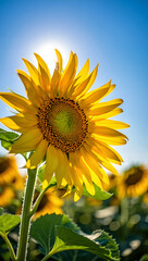 Vibrant sunflower in full bloom, facing the bright sun against a clear blue sky, with a field of sunflowers in the soft background, symbolizing summer and happiness