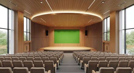 Naklejka premium Modern Auditorium with Wooden Accents and Green Screen