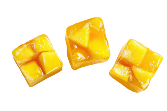 Three square pieces of vibrant yellow mango, arranged diagonally against a black background.  Each cube displays  distinct pieces of mango fruit, glistening with a slightly syrupy surface