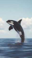 Obraz premium Orca whale breaching ocean surface with blue sky and photo white clouds killer whale
