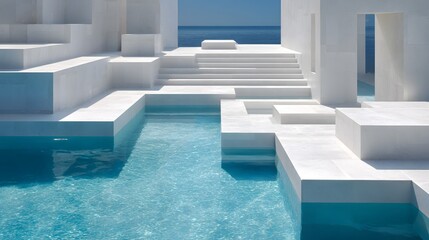 Fototapeta premium Sleek Minimalistic Pool Structure Showcasing Tranquil Blue Waters and Refined White Edges with Innovative Geometric Forms, Creating a Serene and Invigorating Retreat Atmosphere