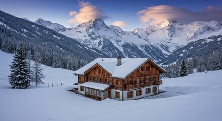 Fototapeta premium Wooden cabin in snowy mountains