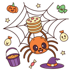 Cute SVG of a Joyful Spider in Spooky Fun colors, featuring balancing a stack of pancakes in a Halloween setting