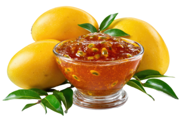 Fresh mango and passion fruit preserve in a glass bowl.  Three ripe yellow mangos with green leaves and a bowl of  reddish-orange jam filled with passion fruit seeds are presented