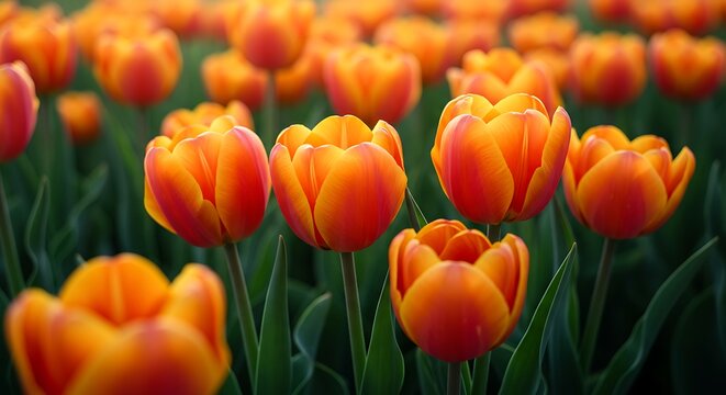 Field of Vibrant Orange Tulips in Spring.