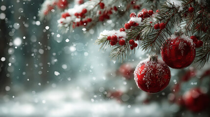 Isolated composition of pine branches and red holiday baubles with soft snowflake overlay elegant seasonal frame