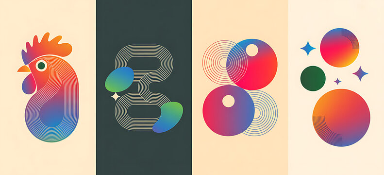 Vibrant abstract illustration of a rooster and colorful geometric shapes with gradient colors - Powered by Adobe