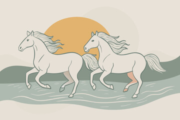 Fototapeta premium Two white horses running along seashore, sun shining, feeling of freedom and love