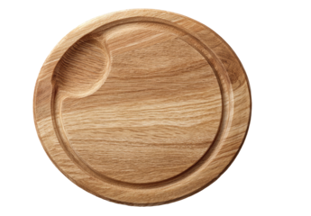 Overhead view of a round wooden plate or board.  A light tan/beige wood grain is visible.  A shallow, curved indentation is centered on the plate