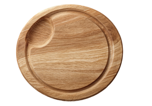 Overhead view of a round wooden plate or board.  A light tan/beige wood grain is visible.  A shallow, curved indentation is centered on the plate