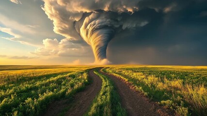 A tornado is blowing through a field of grass. The sky is dark and cloudy, and the sun is setting. Scene is ominous and foreboding