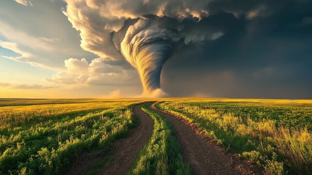 A tornado is blowing through a field of grass. The sky is dark and cloudy, and the sun is setting. Scene is ominous and foreboding