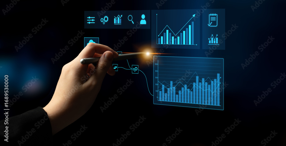 Aufkleber data flow from database and cloud to processing and analytics dashboards, representing data analysis