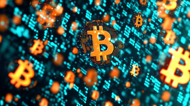 Digital Bitcoin Symbols Floating in a Data Stream