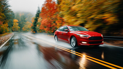 Dynamic motion shot captures sleek red sports car racing along wet asphalt road surrounded by vibrant autumn foliage, showcasing speed and seasonal beauty with blurred copy space