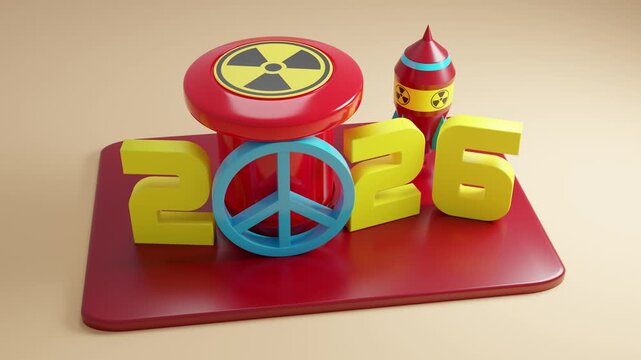 2026 date with peace symbol as zero. A red radiation button is blocked. Toy rocket awaits launch. Theme: preventing nuclear threat.