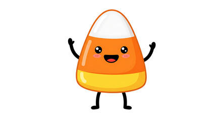 Joyful cartoon candy corn character with a smiling face and waving arms. Festive Halloween treat vector illustration isolated on a white background