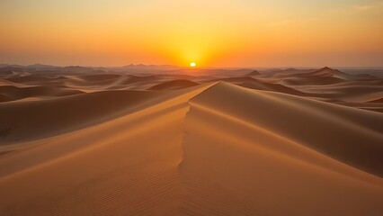 Vast desert dunes bathed in sunset hues, creating a serene and timeless landscape.
