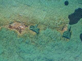 Aerial drone photo of chamber tombs of the Oldest Submerged City of Pavlopetri near Pounta beach and Elafonisos island, Vigklafia, Vatika, Peloponnese, Greece