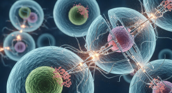 Microscopic view of interconnected biological cells with glowing neural pathways and internal structures, illustrating cellular communication and biological processes.