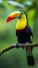 Obraz premium Portrait of a vibrant toucan with a large, multi-colored beak on a mossy branch bird photo