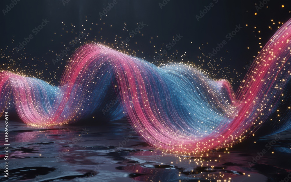 Aufkleber swirling ribbon of light particles in pink and blue, creating a dynamic abstract shape over a reflec