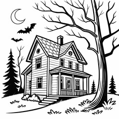 Halloween haunted house vector illustration of coloring page black and white